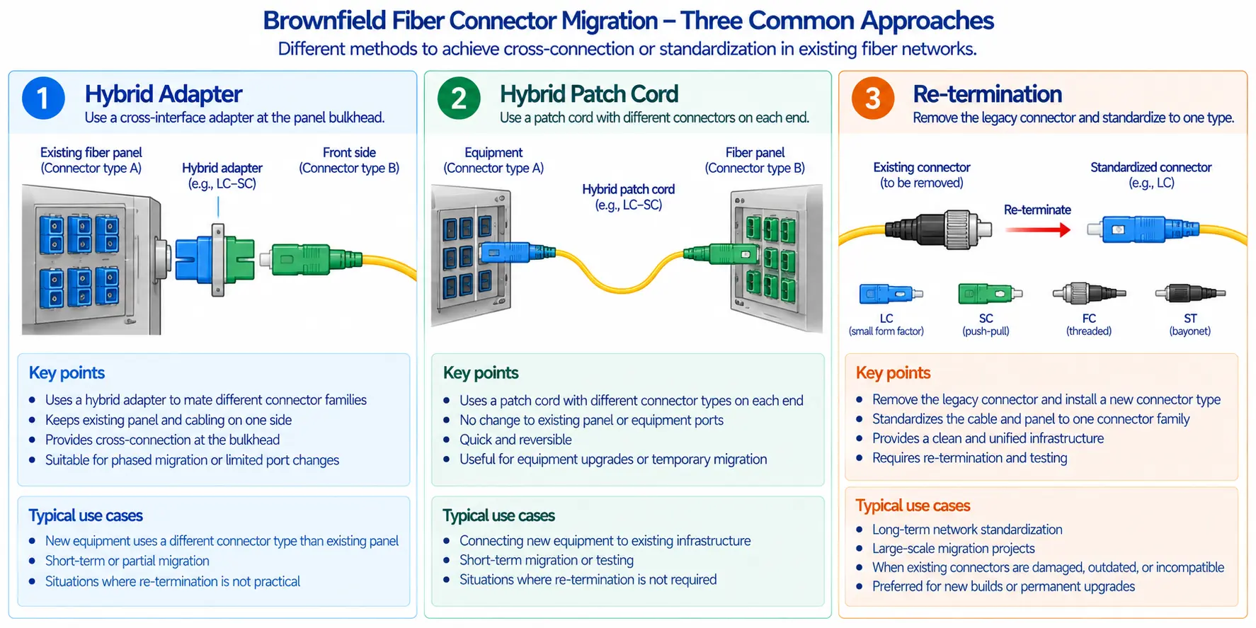 Hybrid Fiber Optic Adapter vs Hybrid Patch Cord: LC, SC, FC and ST Migration Guide