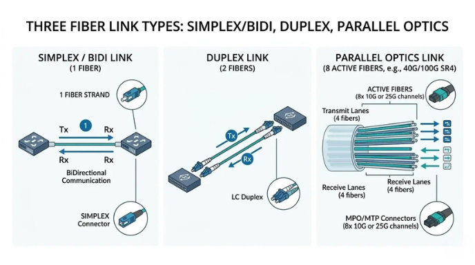 Diagram comparing simplex BiDi, duplex, and parallel-optics fiber links, showing Diagram comparing simplex BiDi, duplex, and parallel-optics fiber links, showing