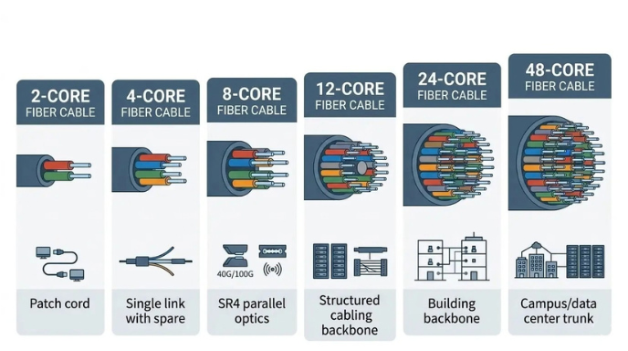 Comparison chart of common fiber cable counts from 2-core to 48-core, with typical uses such as patch cords, backbones, and data center trunks Comparison chart of common fiber cable counts from 2-core to 48-core, with typical uses such as patch cords, backbones, and data center trunks