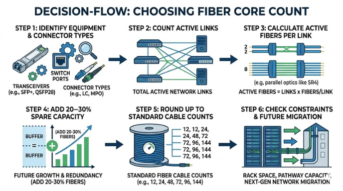 Step-by-step flowchart for calculating fiber cable count based on optics type, active links, spare capacity, standard counts, and future expansion. Step-by-step flowchart for calculating fiber cable count based on optics type, active links, spare capacity, standard counts, and future expansion.