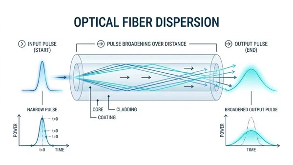 Illustration of optical fiber dispersion showing a narrow input pulse broadening as it travels through optical fiber Illustration of optical fiber dispersion showing a narrow input pulse broadening as it travels through optical fiber