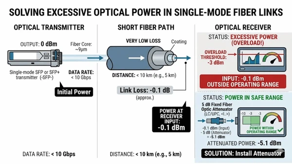 Short fiber link diagram showing excessive receive power and a fixed attenuator installed near the receiver. Short fiber link diagram showing excessive receive power and a fixed attenuator installed near the receiver.
