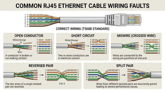 Common Ethernet cable wiring faults diagram@dimifiber Common Ethernet cable wiring faults diagram@dimifiber