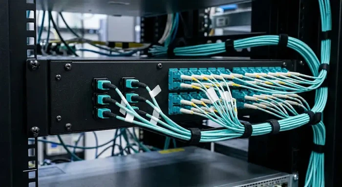 MPO and duplex LC multimode fiber connectors in a data center rack@dimifiber MPO and duplex LC multimode fiber connectors in a data center rack@dimifiber