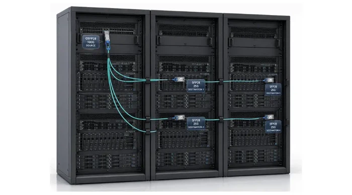 DAC breakout cable connecting one top-of-rack switch port to four servers within the same rack DAC breakout cable connecting one top-of-rack switch port to four servers within the same rack