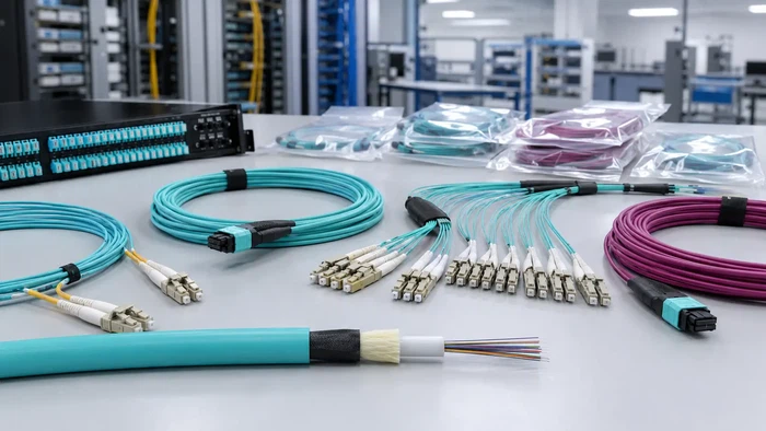Multimode fiber optic cable assemblies on an engineering workbench Multimode fiber optic cable assemblies on an engineering workbench