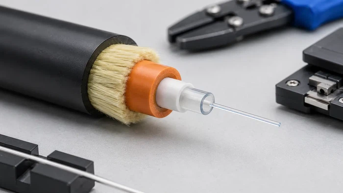 Cutaway view of multimode fiber optic cable construction Cutaway view of multimode fiber optic cable construction