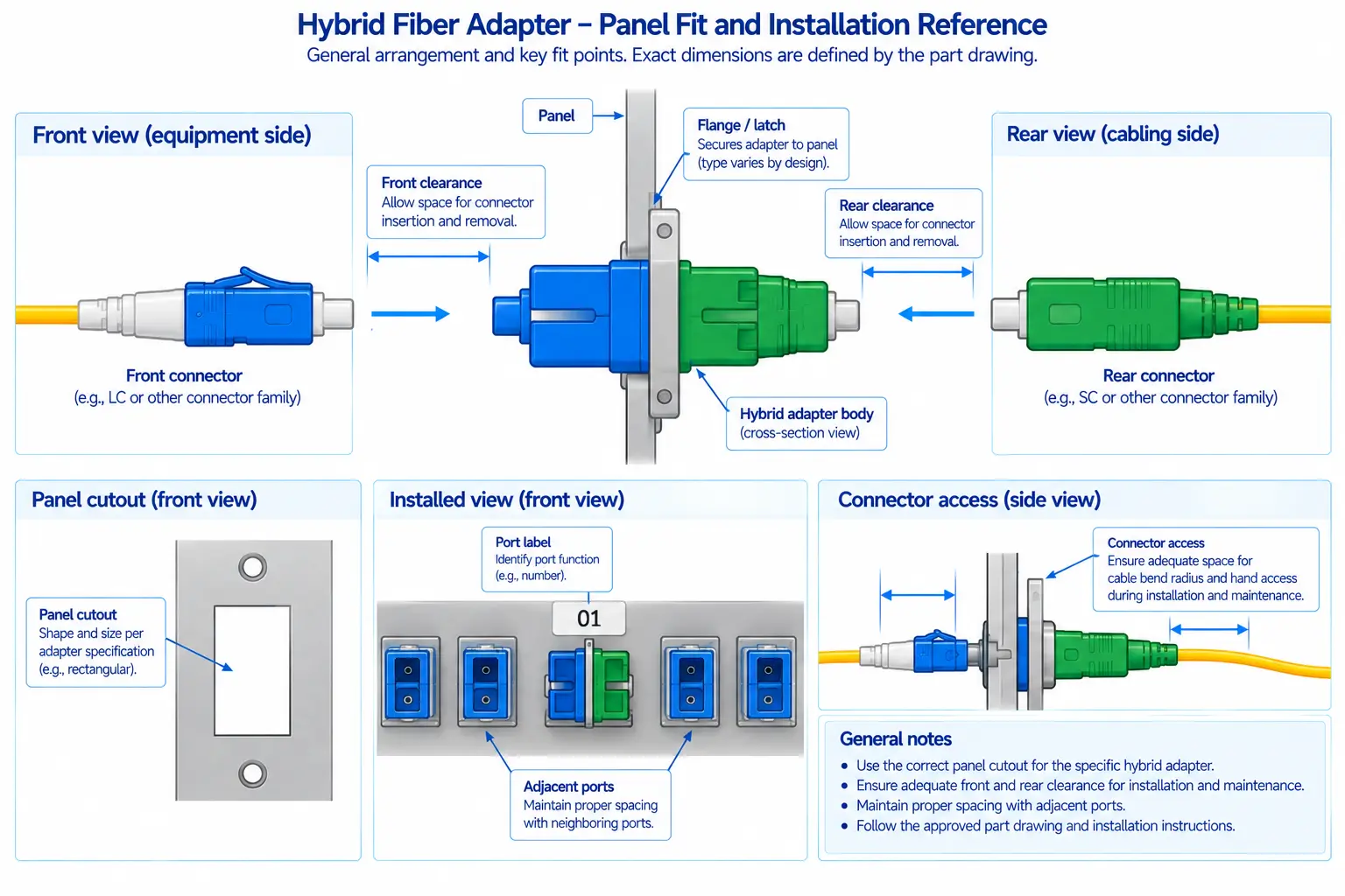 Hybrid fiber adapter panel-fit diagram showing cutout, retention, front and rear connector access, and adjacent-port clearance. Hybrid fiber adapter panel-fit diagram showing cutout, retention, front and rear connector access, and adjacent-port clearance.