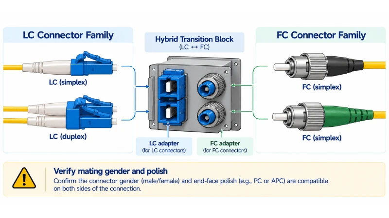 Conceptual LC-to-FC fiber connector transition requiring verified gender and polish Conceptual LC-to-FC fiber connector transition requiring verified gender and polish