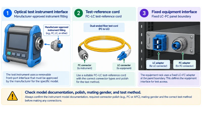 Three LC-to-FC transition options at instrument fitting, reference cord and fixed panel Three LC-to-FC transition options at instrument fitting, reference cord and fixed panel