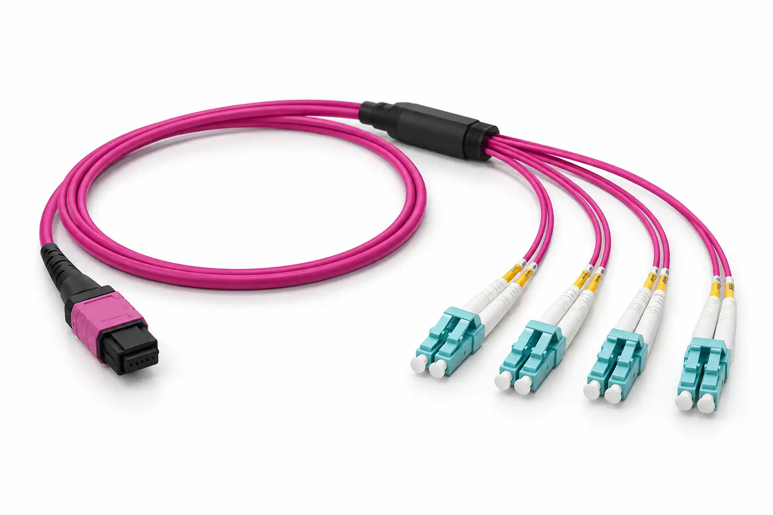 Custom 8 fiber MPO to 4 LC duplex OM4 cable Custom 8 fiber MPO to 4 LC duplex OM4 cable