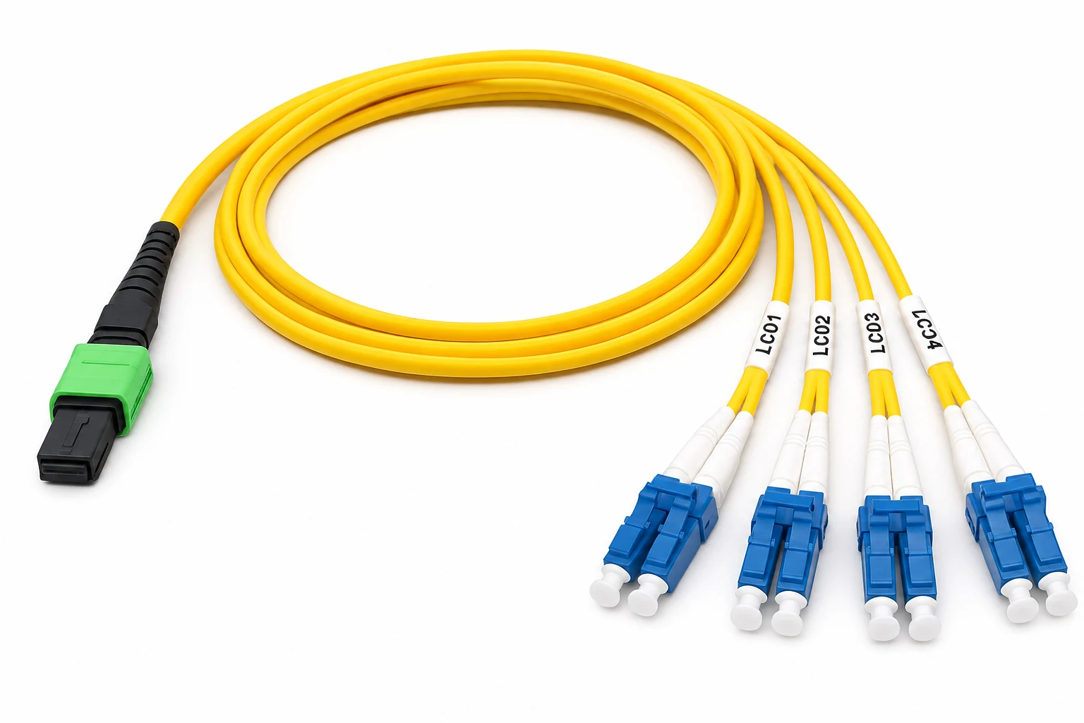 custom MPO-12 APC to LC duplex OS2 breakout cable custom MPO-12 APC to LC duplex OS2 breakout cable